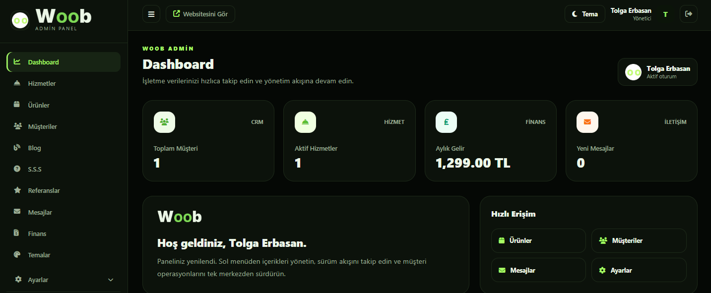 Woob admin panel koyu tema dashboard