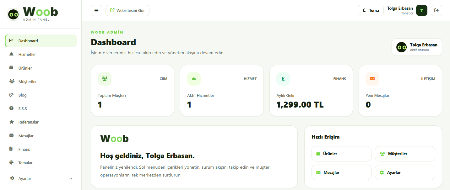 Woob admin panel açık tema dashboard